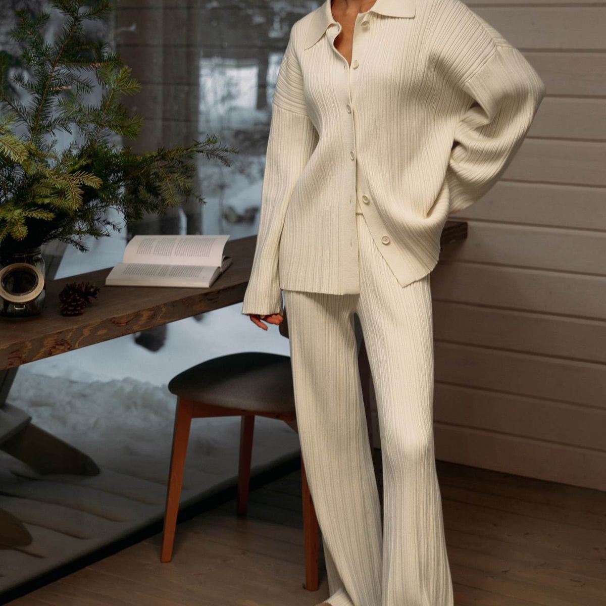 Fashion Autumn Sweaters and Wide Legs Pants Suits-suits-Coffee-S-Free Shipping Leatheretro