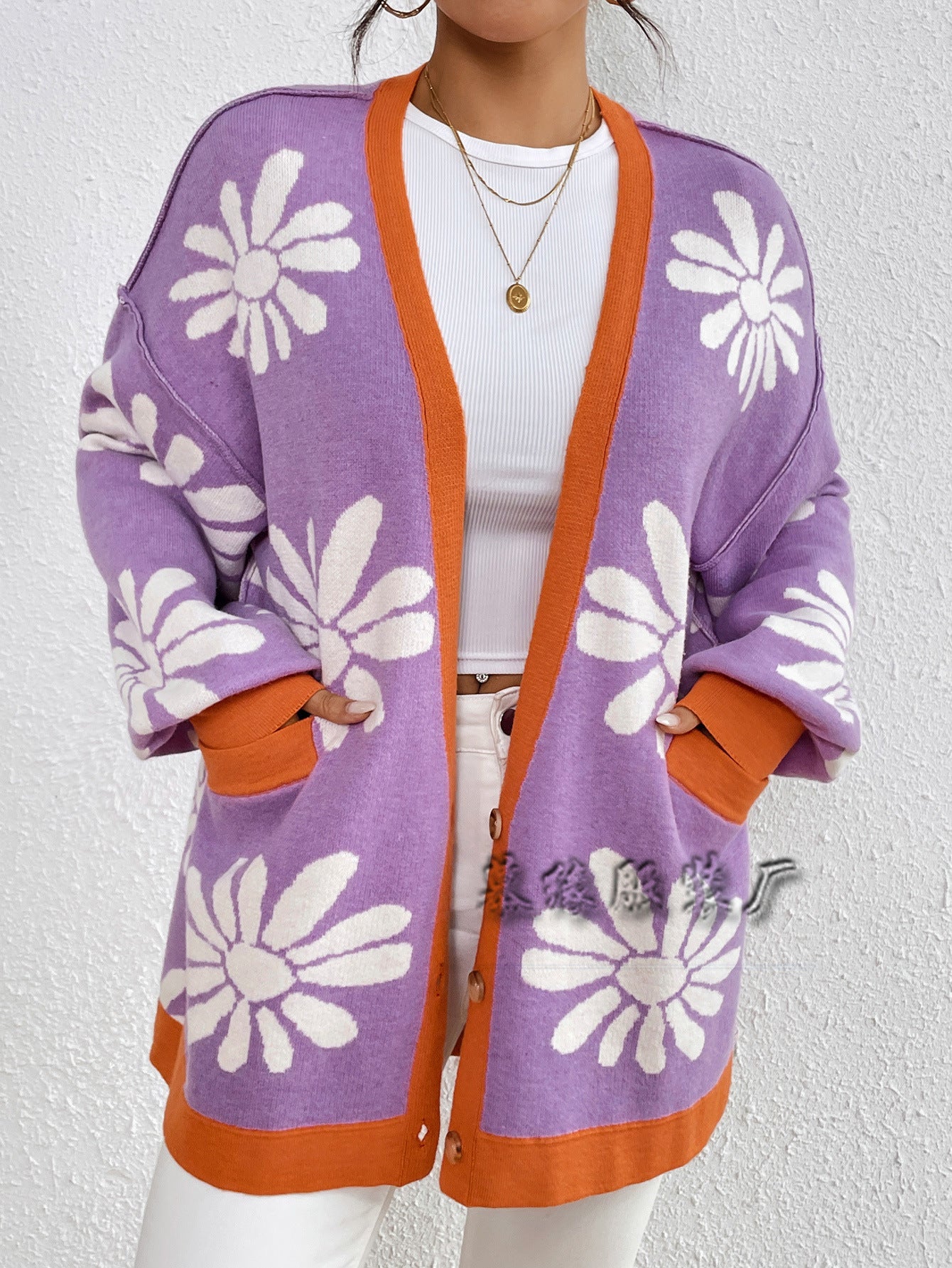 Casual Floral Print Knitted Cardigan Coats-Sweaters-Purple-S-Free Shipping Leatheretro