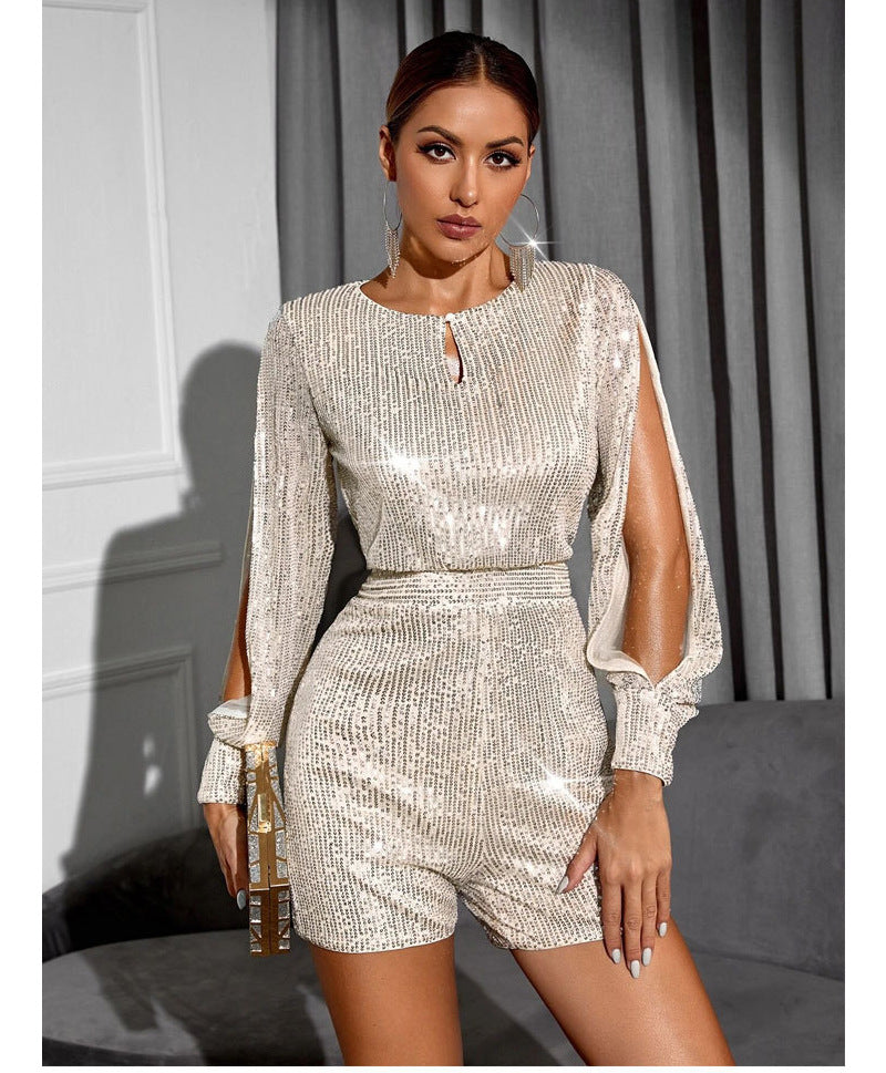 Sexy Sequined Women Short Jumpsuits-Suits-Ivory-S-Free Shipping Leatheretro