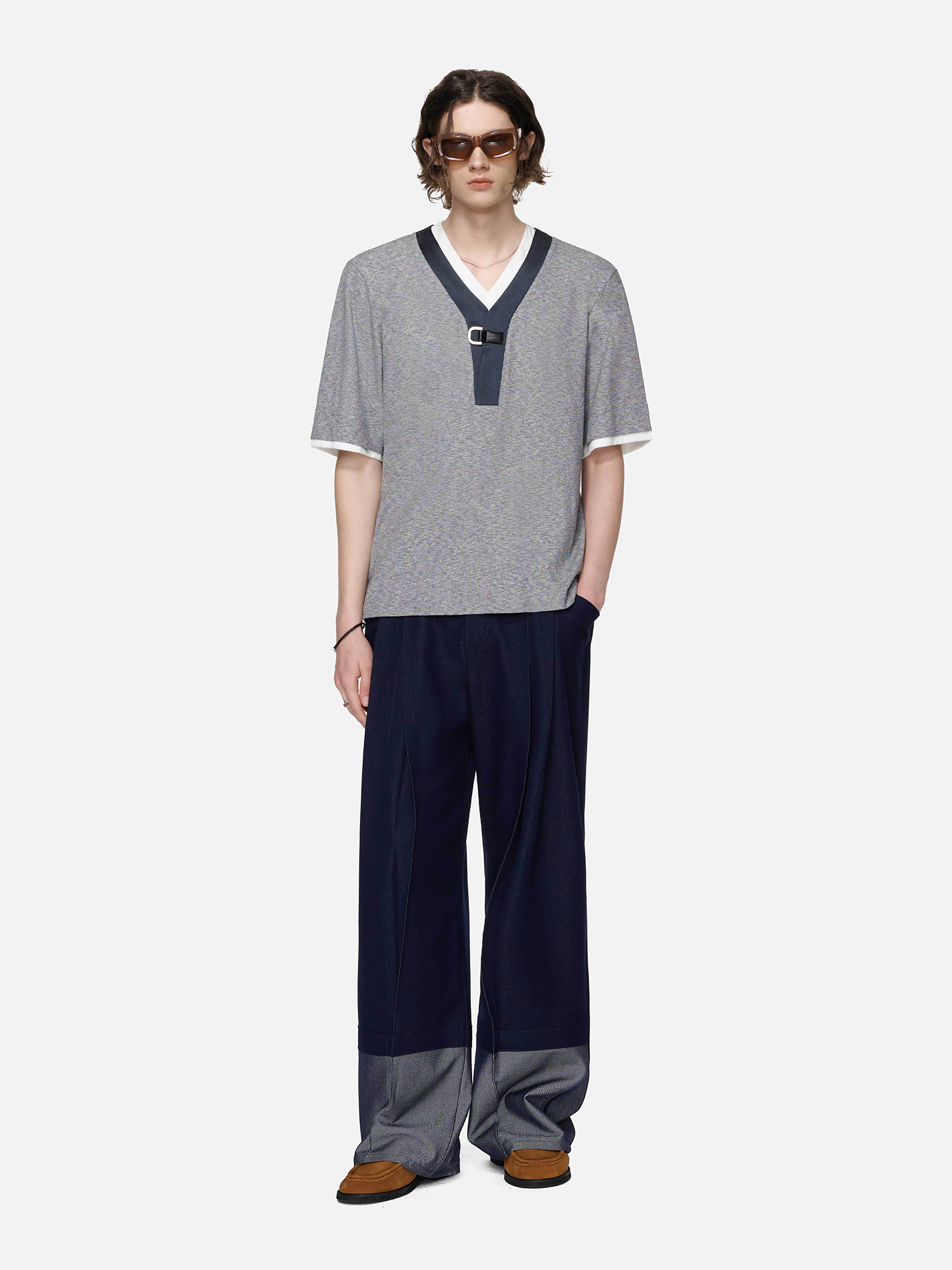 TIWILLTANG Metal Buckle Contrast Trim T-Shirt-T Shirt-S-Free Shipping Leatheretro