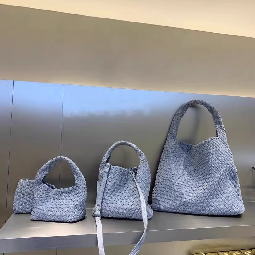 Stylish Canvas & Denim Woven Bucket Bag for Women-Light Blue 23cm-Free Shipping Leatheretro