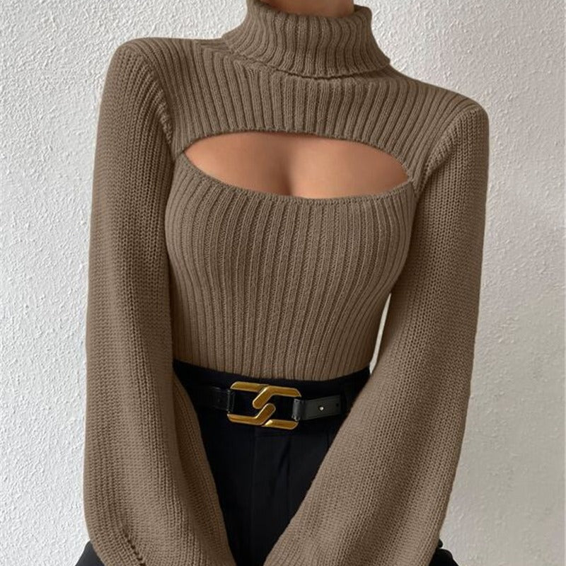 Sexy High Neck Short Knitted Sweaters-Sweater&Hoodies-Black-S-Free Shipping Leatheretro