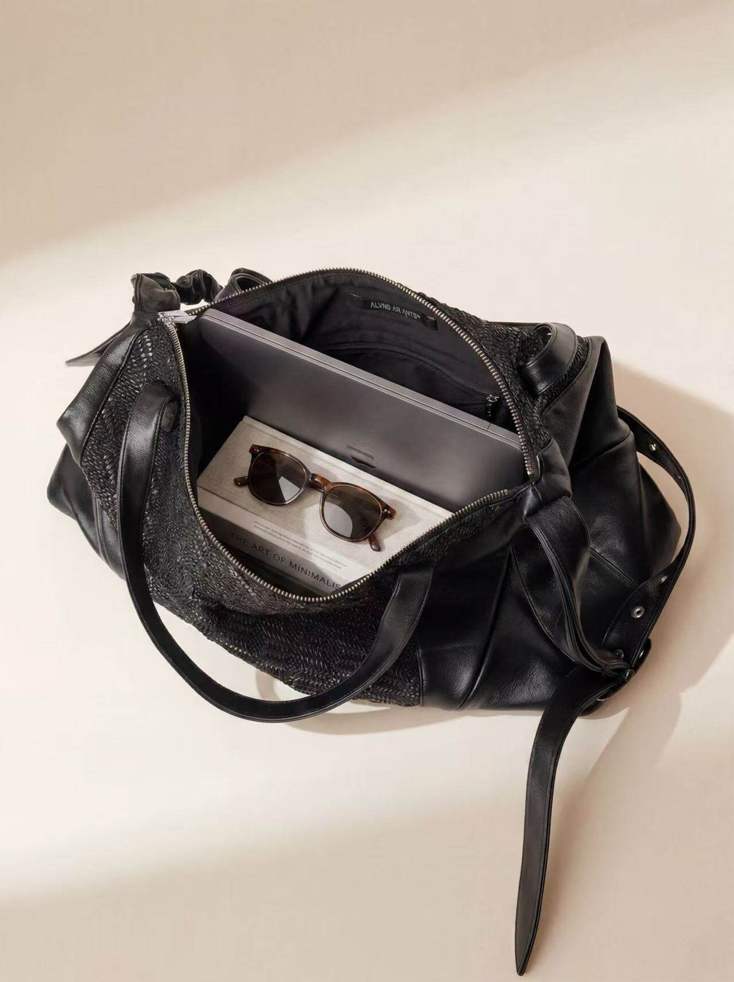 ALVNG AR ANTS Asymmetrical Ruched Woven Faux Leather Bag-Bag-Black-Free Shipping Leatheretro