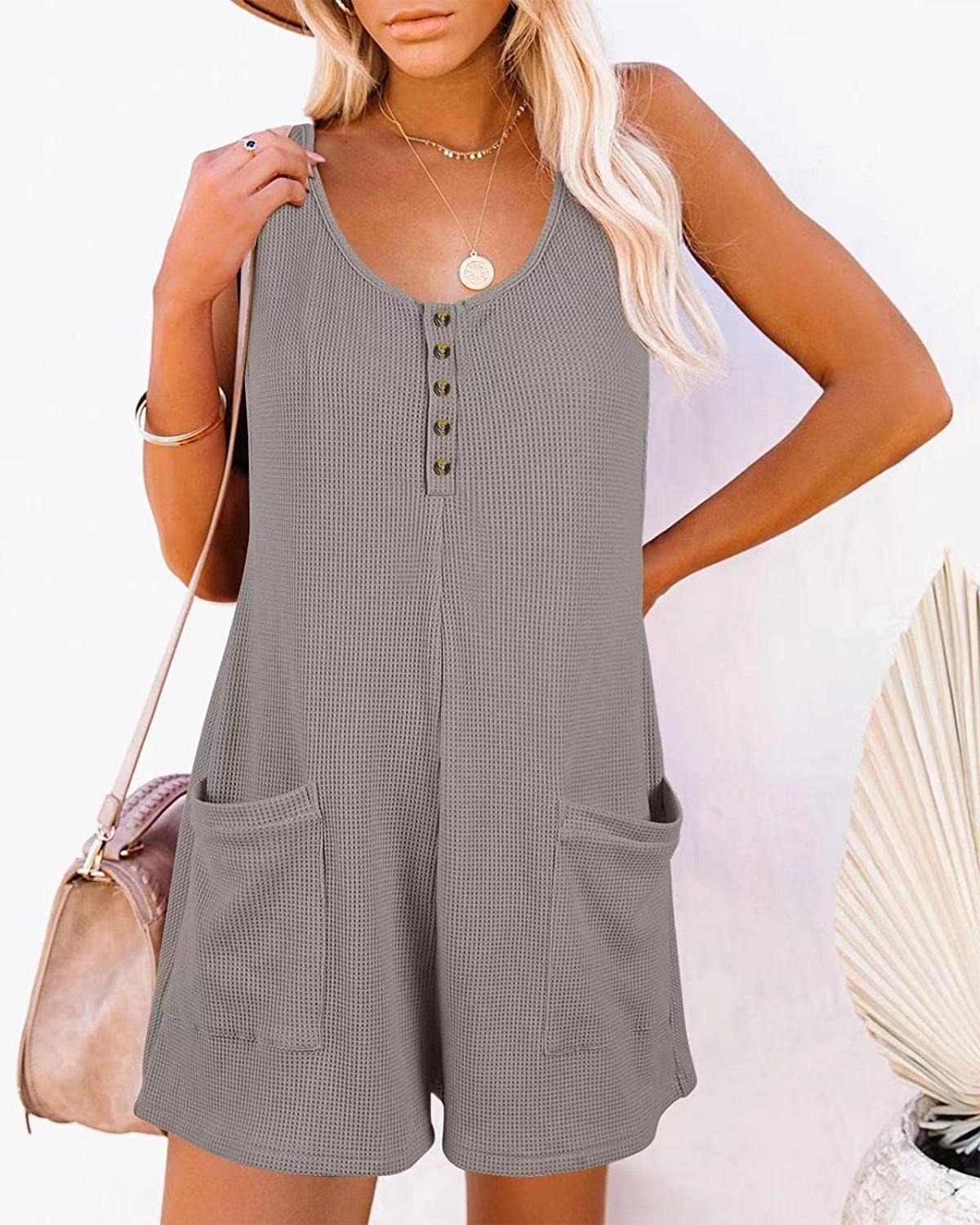 Casual Summer Sleeveless Short Jumpsuits for Women-Jumpsuits & Rompers-Gray-S-Free Shipping Leatheretro