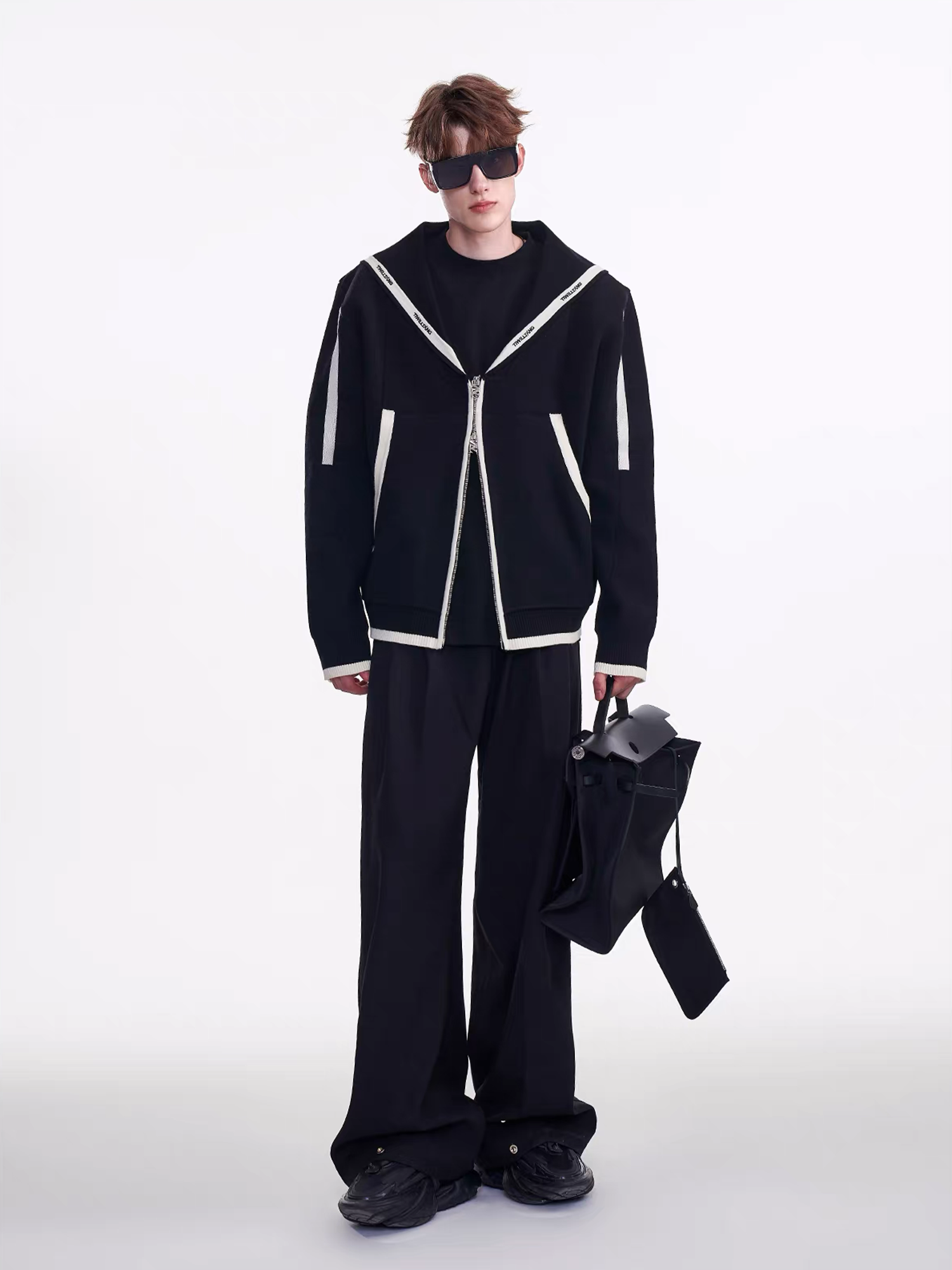 TIWILLTANG Contrast-Trim Sailor-Collar Jacket