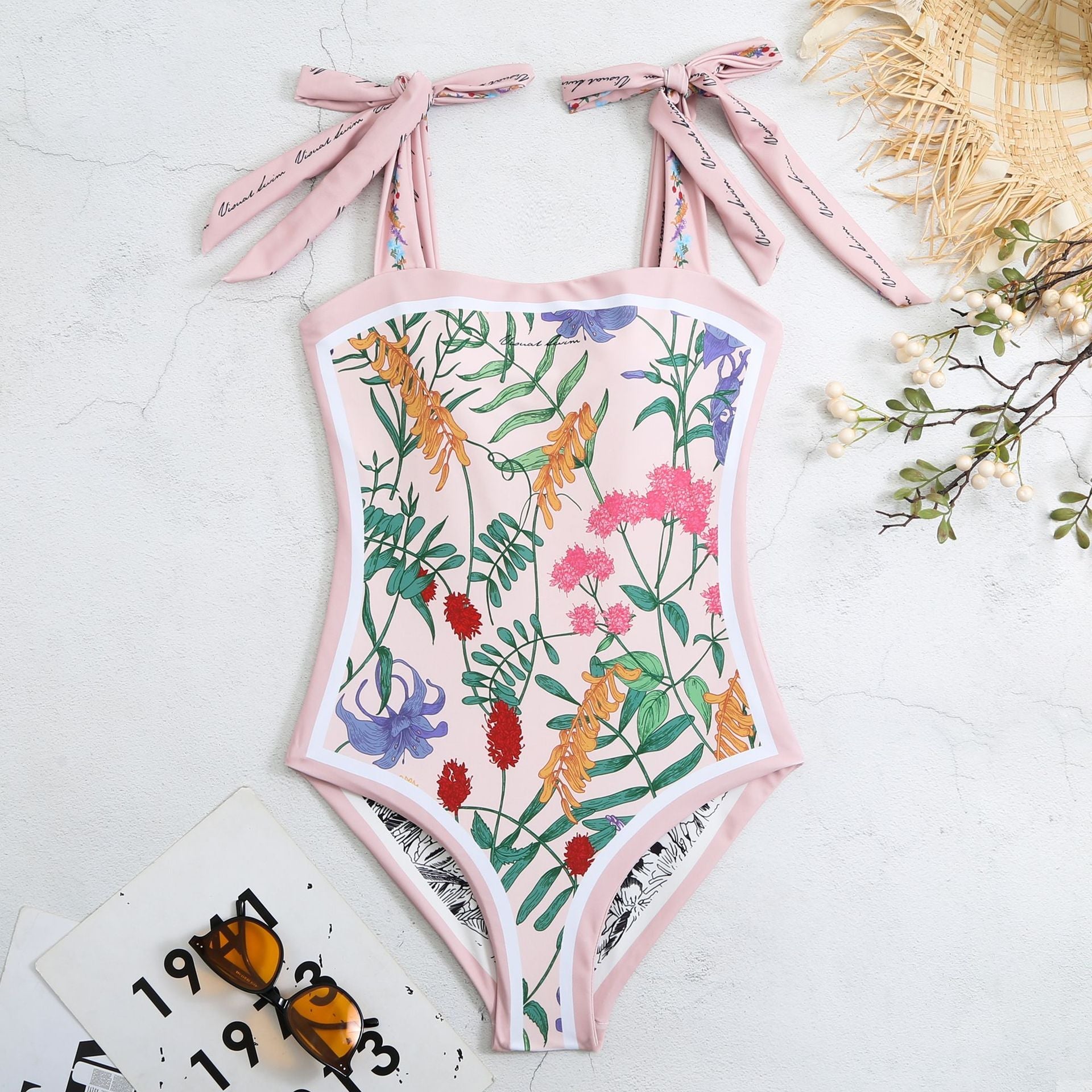 Vintage Strapless Floral Print Women Swimsuits-Swimwear-Pink-S-Free Shipping Leatheretro