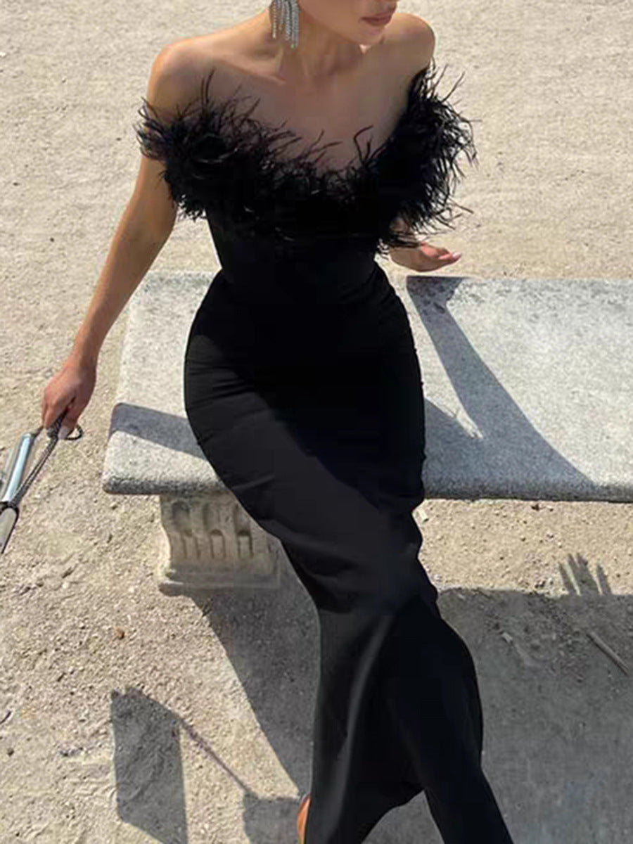 Sexy Strapless Ostrich Feathers Sheathe Long Dresses-Dresses-Black-S-Free Shipping Leatheretro