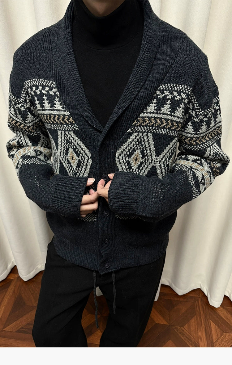 KREATE Shawl Collar Jacquard Knit Cardigan-Black Gray-S-Free Shipping Leatheretro