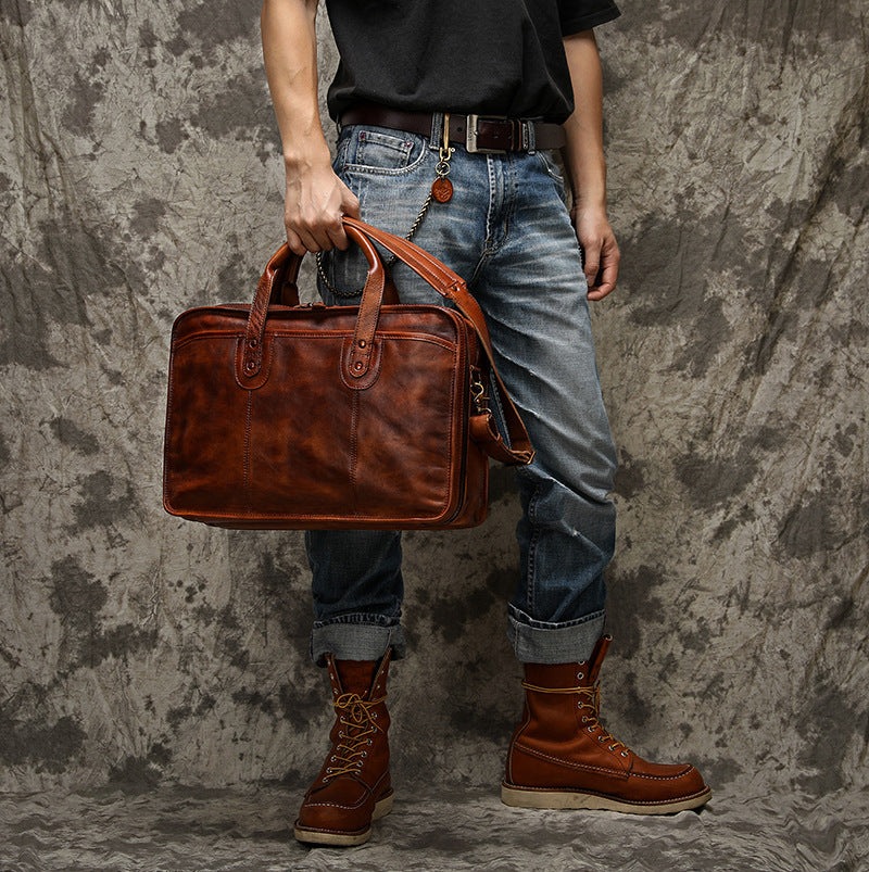 Handmade Men's Vegetable-Tanned Leather Laptop Briefcase-Brifecases-Black-17 inches-Free Shipping Leatheretro