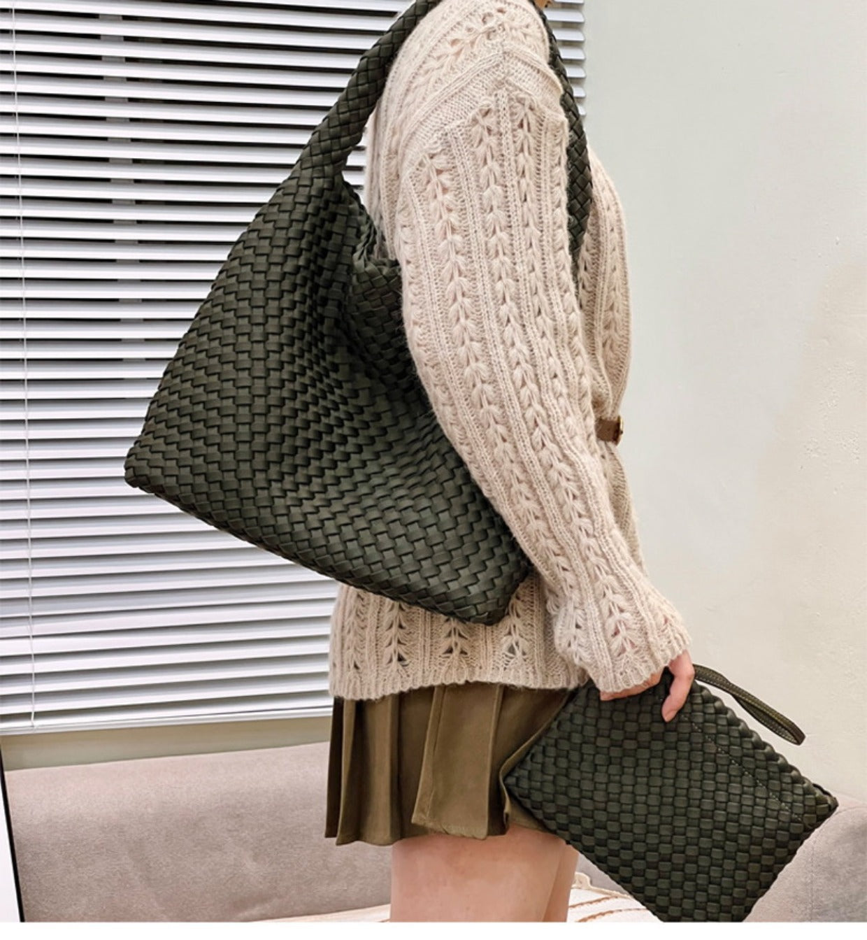 Handwoven Nylon Tote Bag for Women-Black + woven change purse-Free Shipping Leatheretro