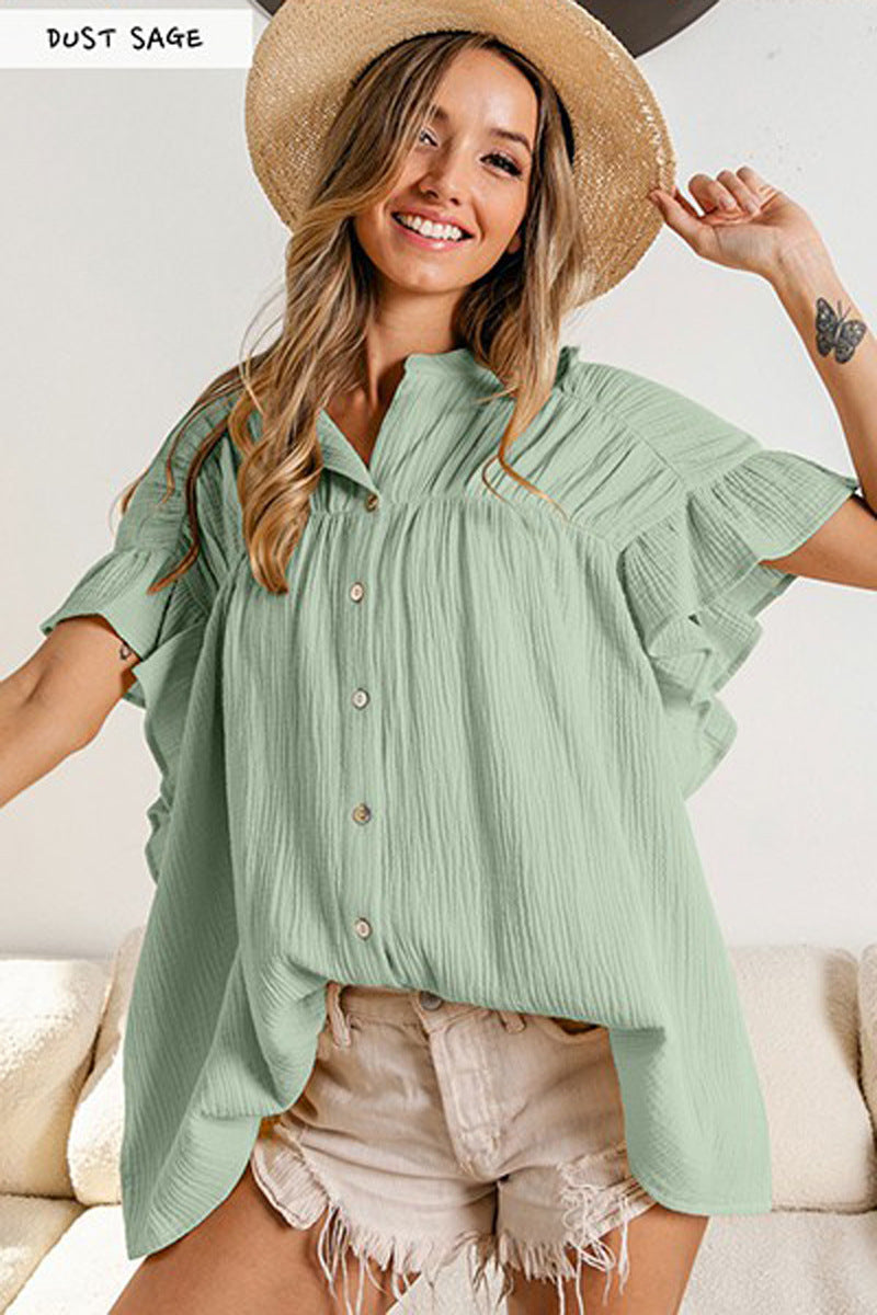 Fashion Stand Collar Ruffled Short Sleeves Shirts-Shirts & Tops-Green-S-Free Shipping Leatheretro