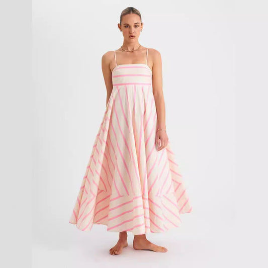 Summer Pink Striped Sleeveless Long Dresses-Dresses-Pink-S-Free Shipping Leatheretro