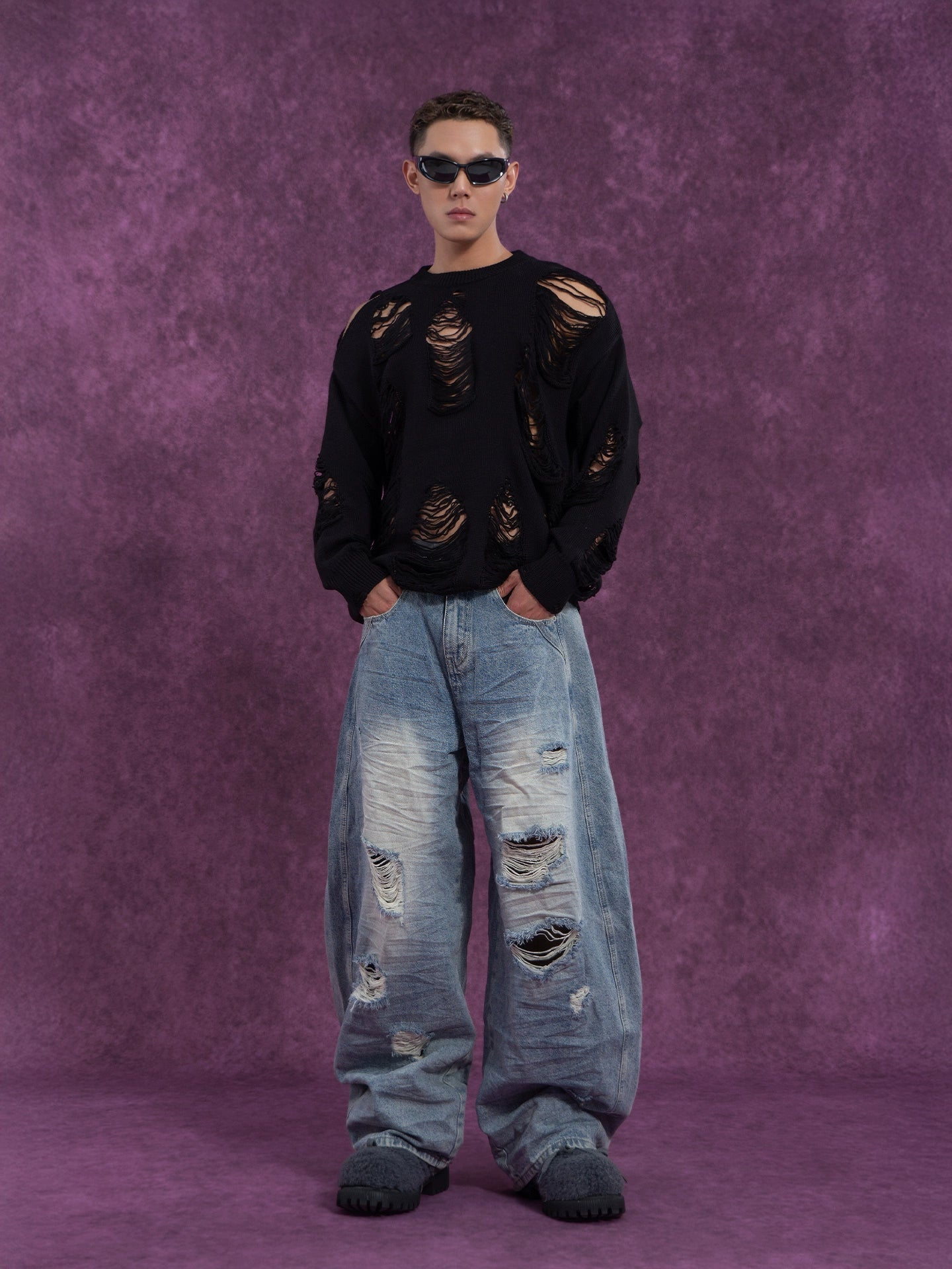 CLP Unisex Distressed Knit Sweater-Black-S-Free Shipping Leatheretro