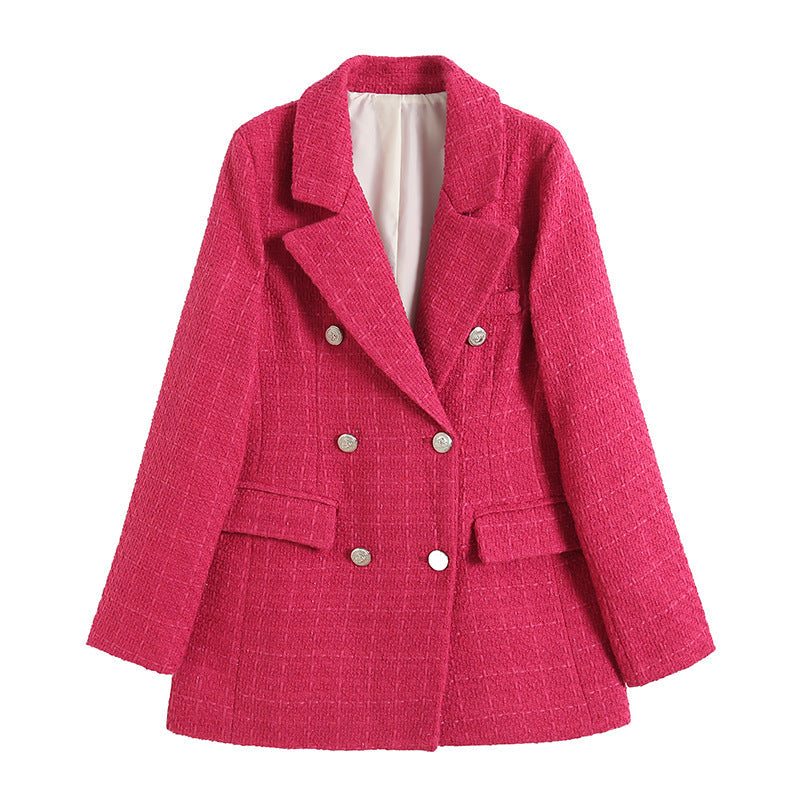 Fashion Double Breasted Blazer Overcoats-Coats & Jackets-Rose Red-XS-Free Shipping Leatheretro