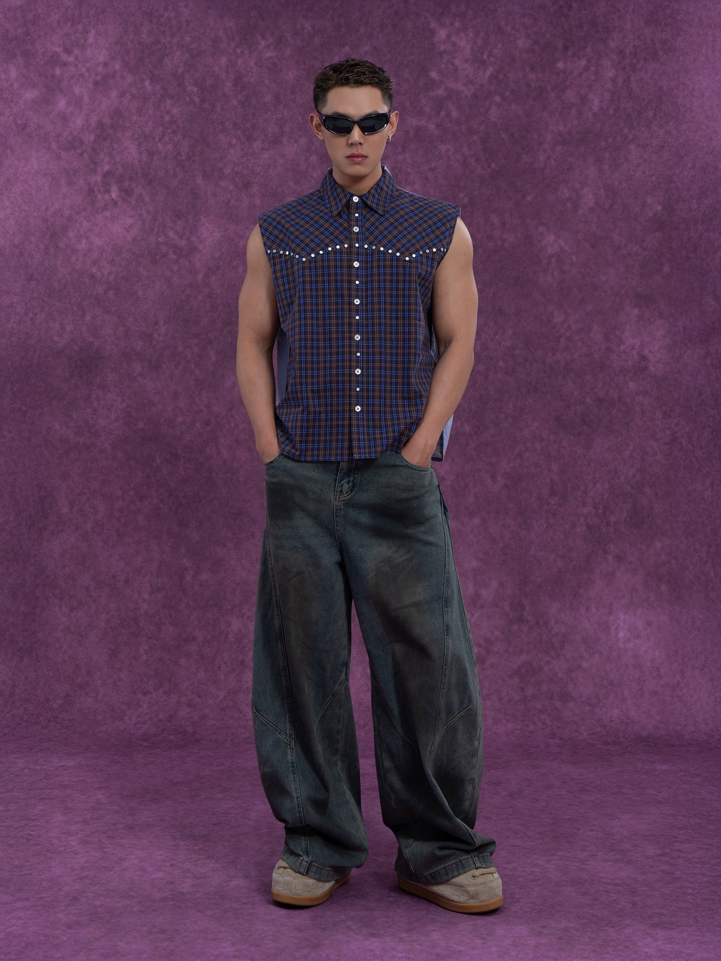 CLP Men's Blue Checkered & Striped Sleeveless Shirt Vest with Rivet Details-Blue-S-Free Shipping Leatheretro