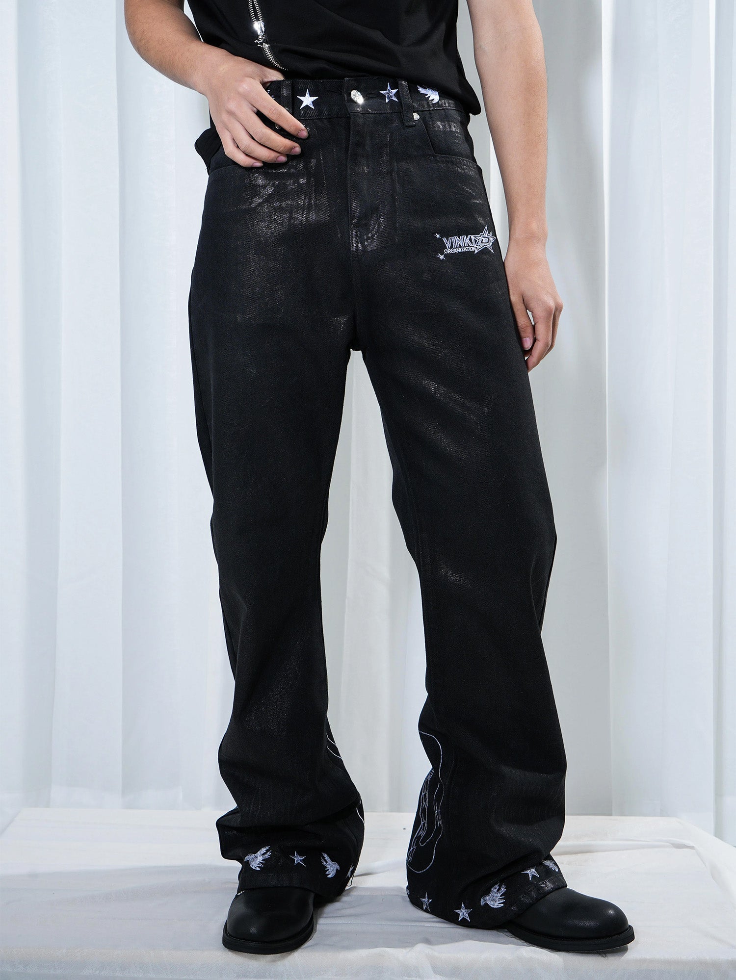 VINKID Star Graphic Crackle Waxed Jeans-Jeans-S-Free Shipping Leatheretro