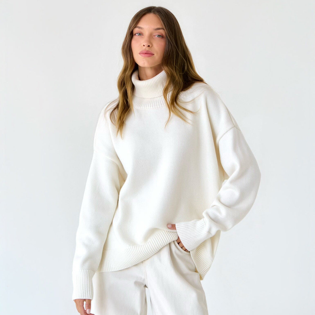 Classical High Neck Knitted Pullover Sweaters-Sweater&Hoodies-White-S-Free Shipping Leatheretro