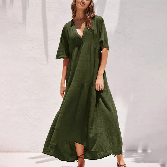 Summer V Neck Long Maxi Dresses-Dresses-Army Green-S-Free Shipping Leatheretro