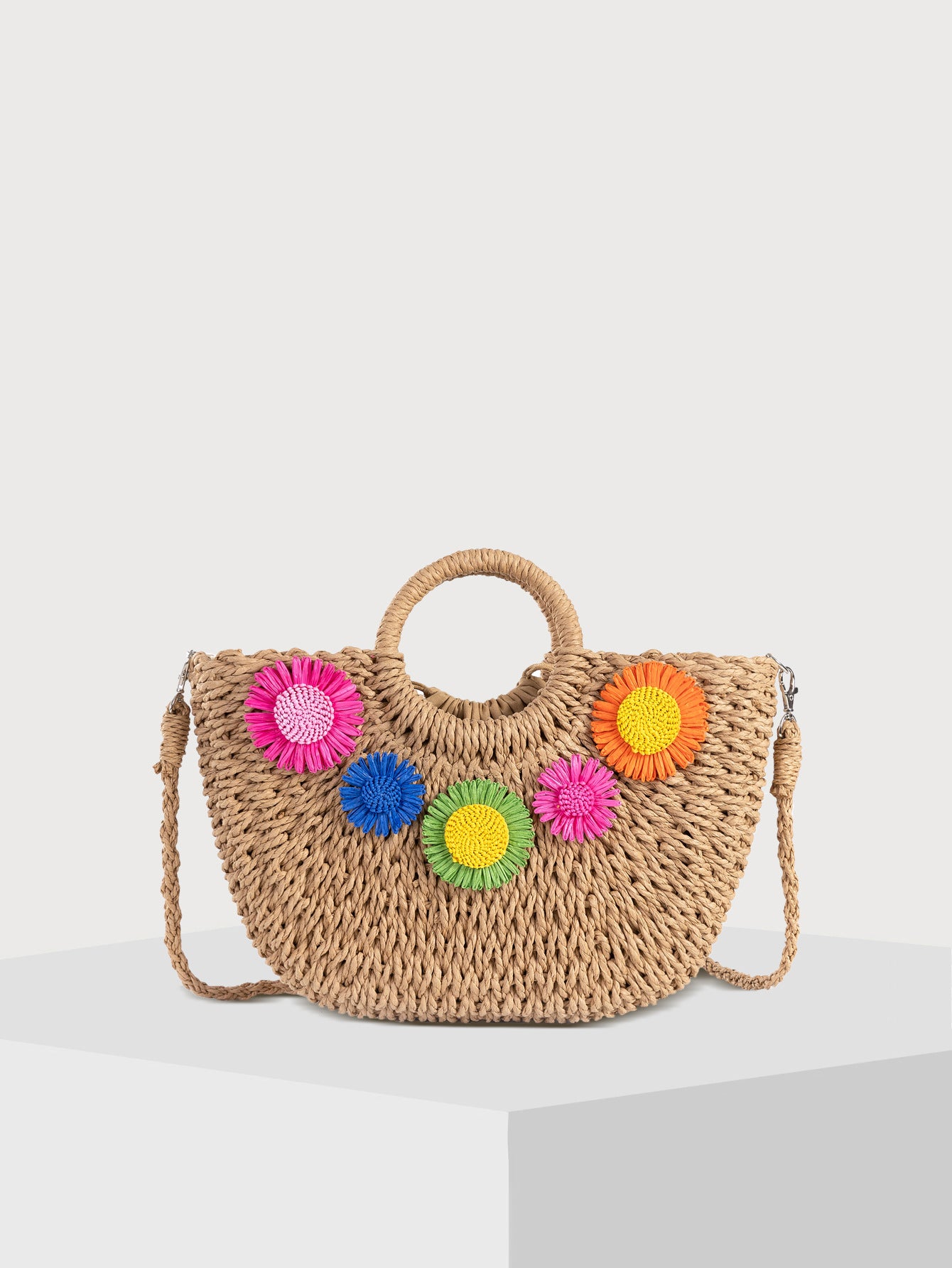 Boho Straw Woven Handbag – Women’s Natural Rattan Tote Bag-Apricot flowers-Free Shipping Leatheretro