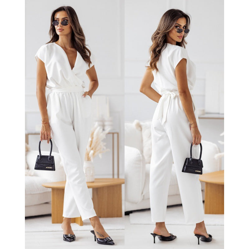 Casual Summer Short Sleeves Jumpsuits-suits-White-S-Free Shipping Leatheretro