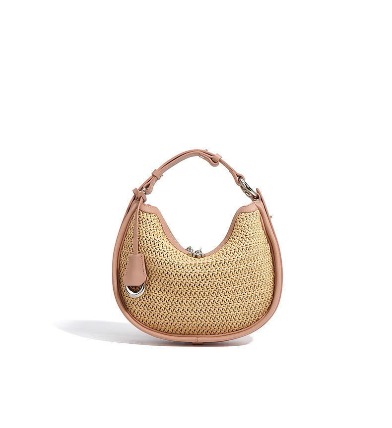 Woven Genuine Leather Crescent Bag-Handbags-White-Free Shipping Leatheretro