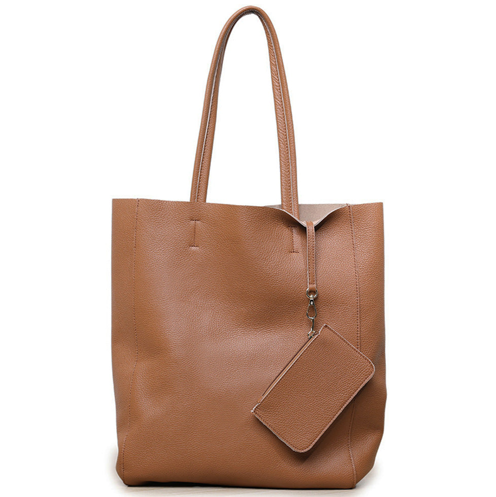 Large Capacity Tote Bag – Genuine Leather Commuter, Mom Shopping Bag-Handbags-Caramel Vertical (100% First Layer Naturally Broken Cowhide)-Free Shipping Leatheretro