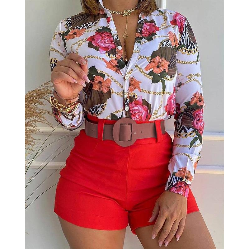 Casual Summer Stand Collar Long Sleeves Shirts and Shorts Without Belt-suits-Red-S-Free Shipping Leatheretro