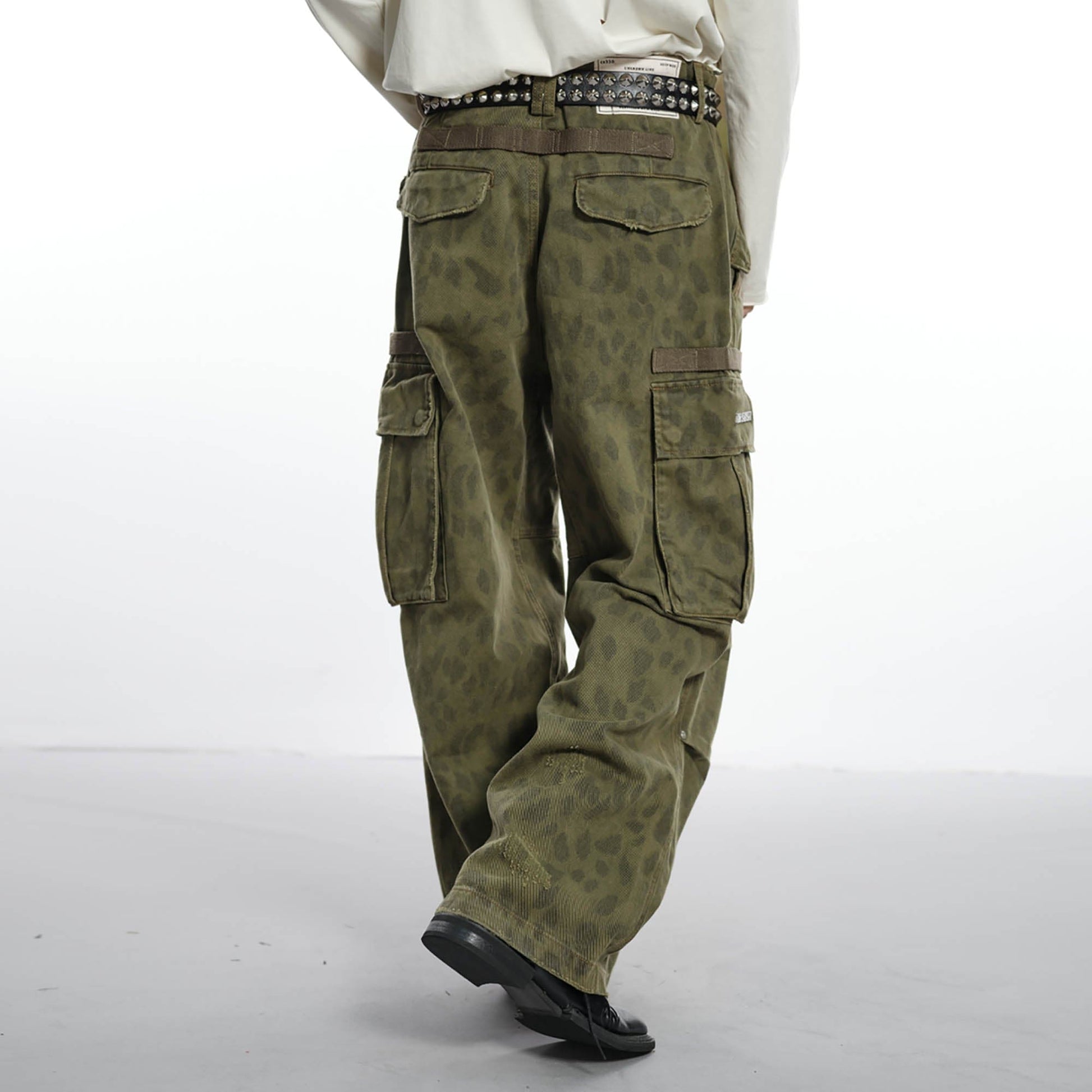 FACEONLAB Camo Leopard Pleated Straight-Leg Cargo Pants-Pants-M-Free Shipping Leatheretro