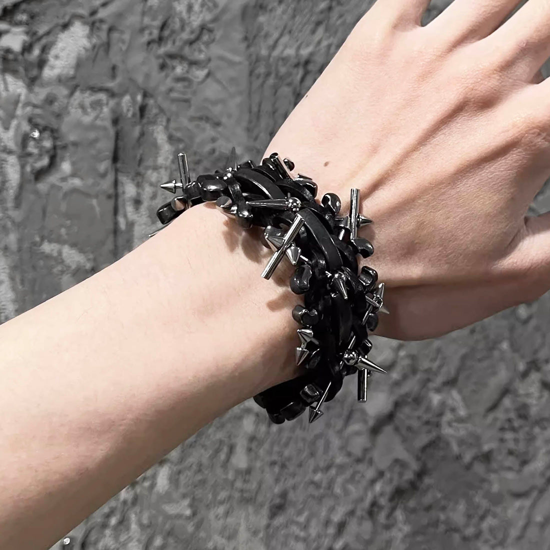 ILLUSORY Braided Spiked Leather Bracelet-Bracelet-Regular (7.09 - 7.48 INCHES)-Free Shipping Leatheretro