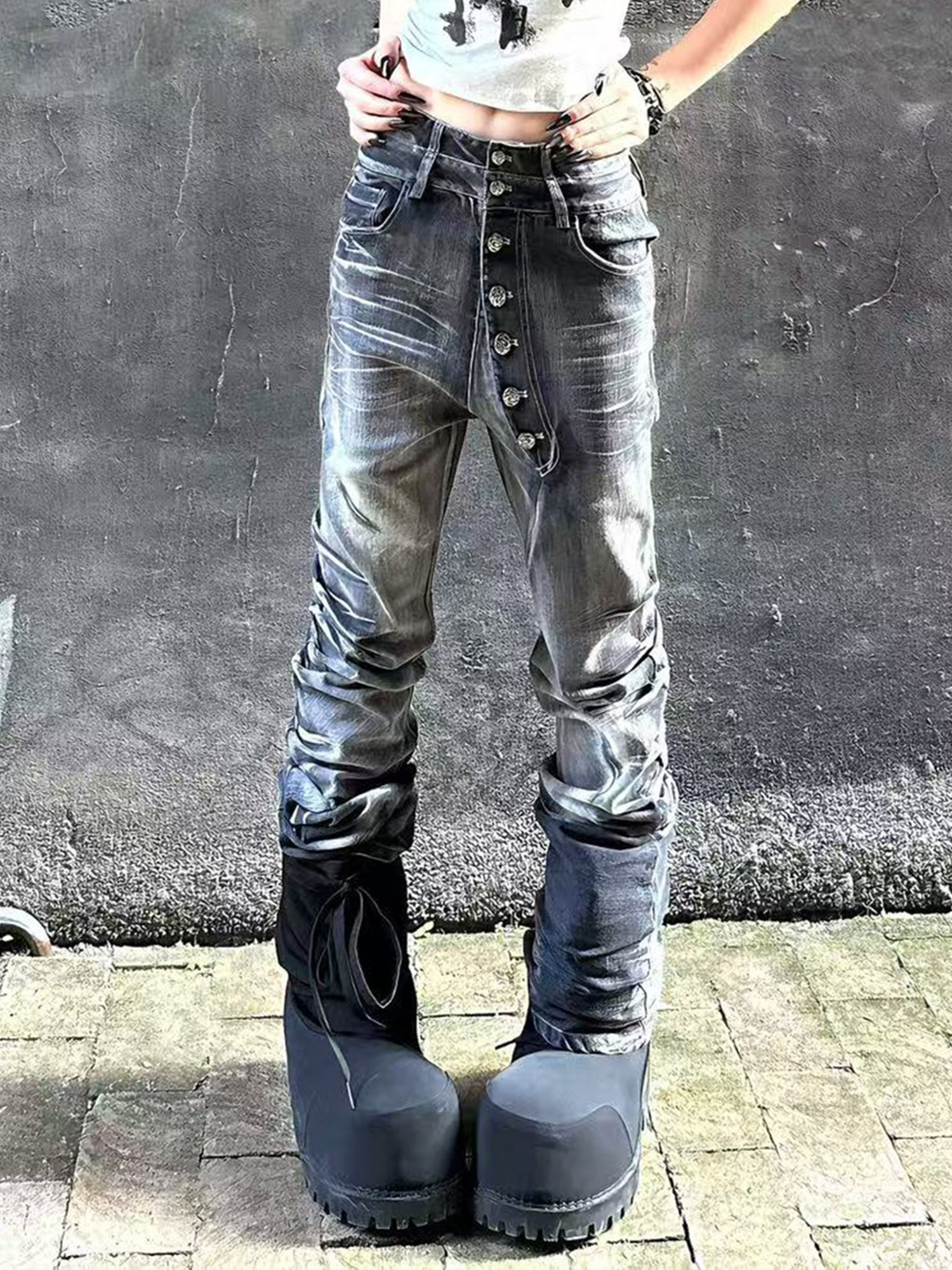 PAIKI Sword Slash Washed Curved Jeans-Jeans-S / 31"-Black (Preorder)-Free Shipping Leatheretro