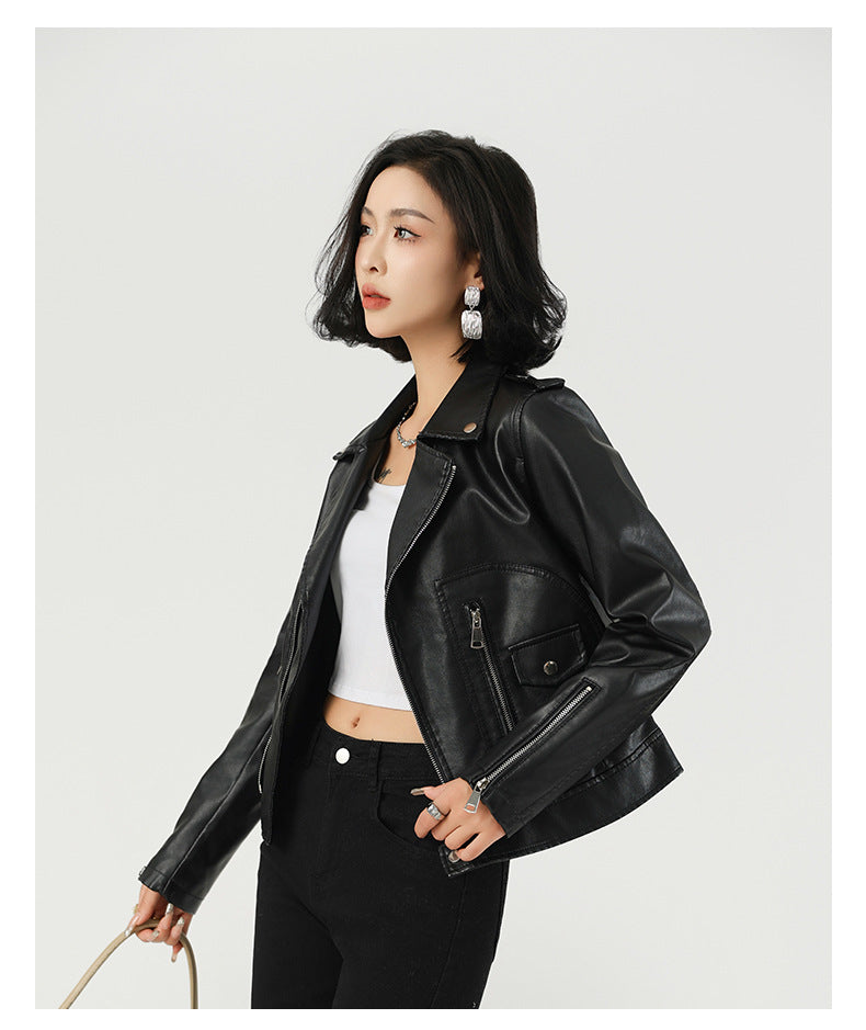 Women's Short PU Leather Jacket-Motorcycle Jackets-Black-S 50-55 kg-Free Shipping Leatheretro