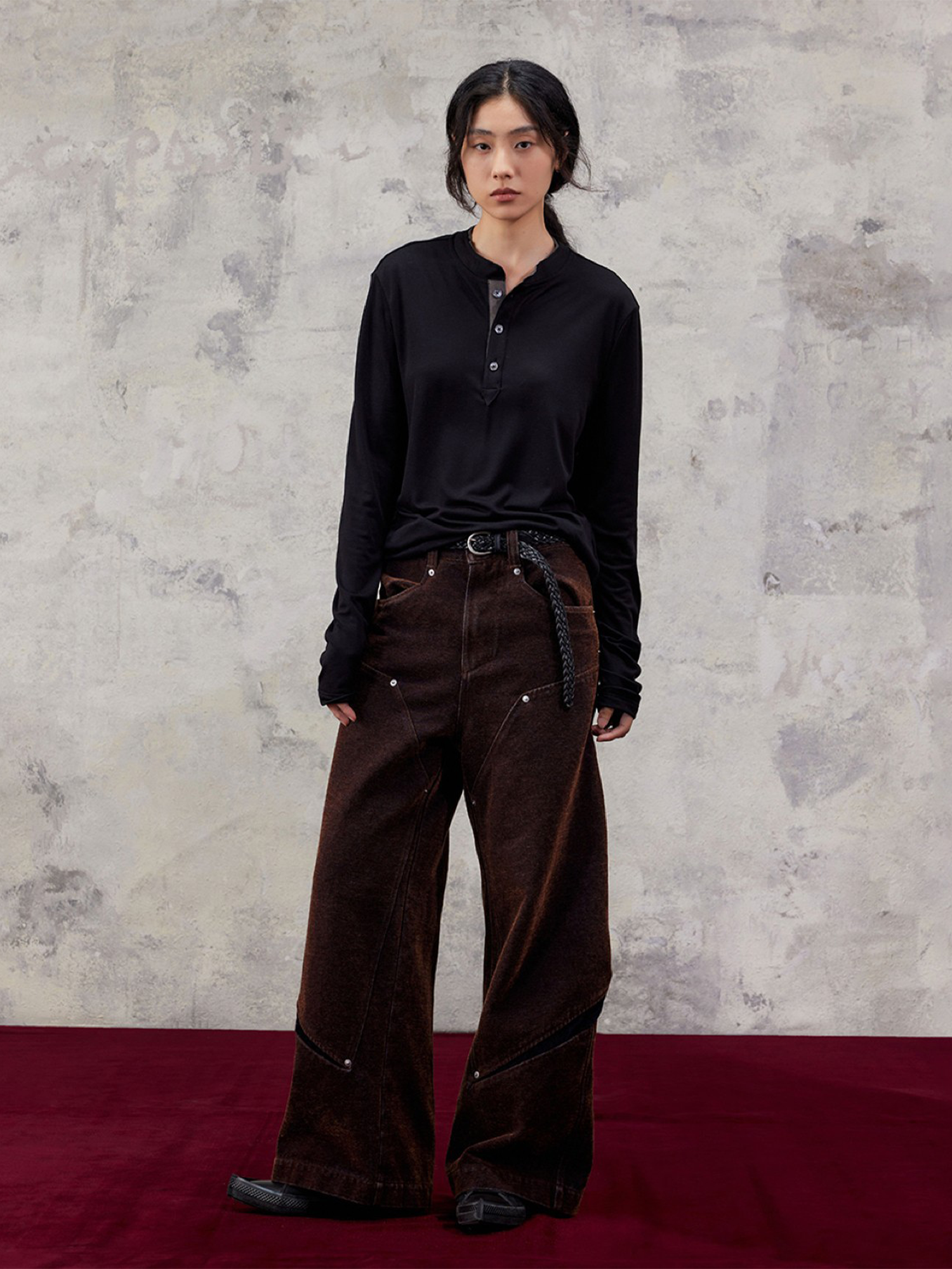 ALVNG AR ANTS Flocked Double-Knee Denim Pants-Pants-S-Brown-Free Shipping Leatheretro