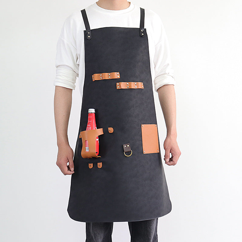 PU Leather BBQ Apron – Outdoor Cooking, Grilling & Picnic Apron with Bottle Holder – Oil-Resistant Work Apron-Leather Canvas Aprons-PU Brown-Free Shipping Leatheretro