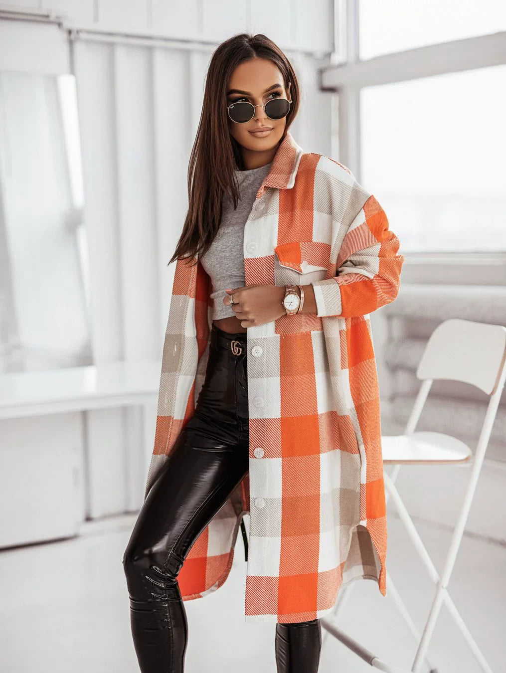 Fashion Colorful Plaid Women Overcoats-Outerwear-Orange-S-Free Shipping Leatheretro