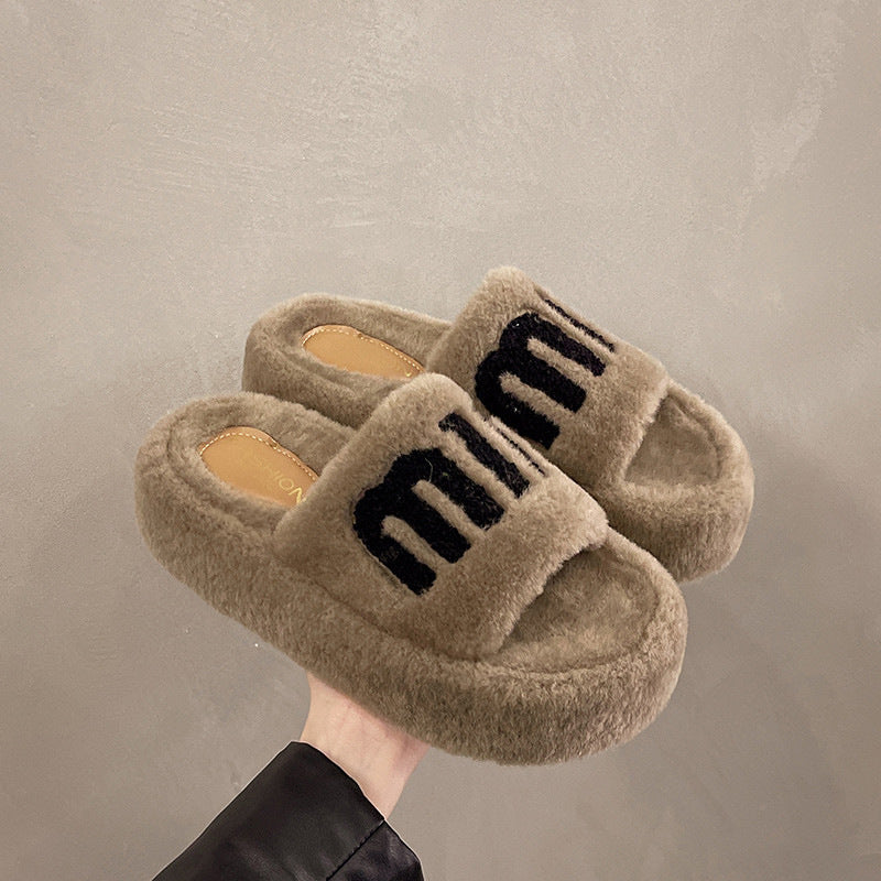 Fashion Women Winter Platform Slippers-winter slipper-Khaki-35-Free Shipping Leatheretro