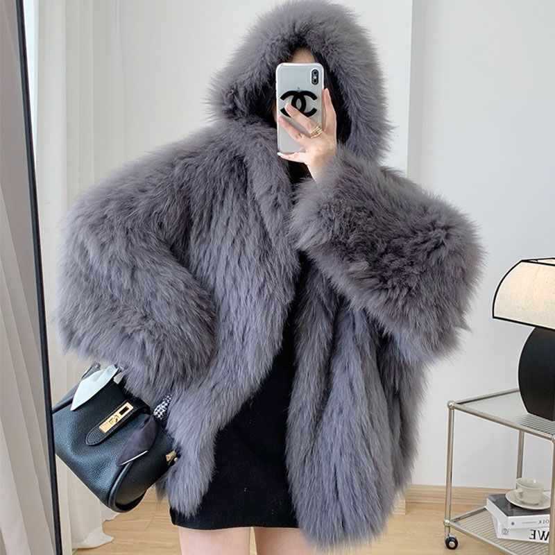 Casual Faux Fox Fur Overcoats for Women-Outerwear-Dark Gray-S-Free Shipping Leatheretro