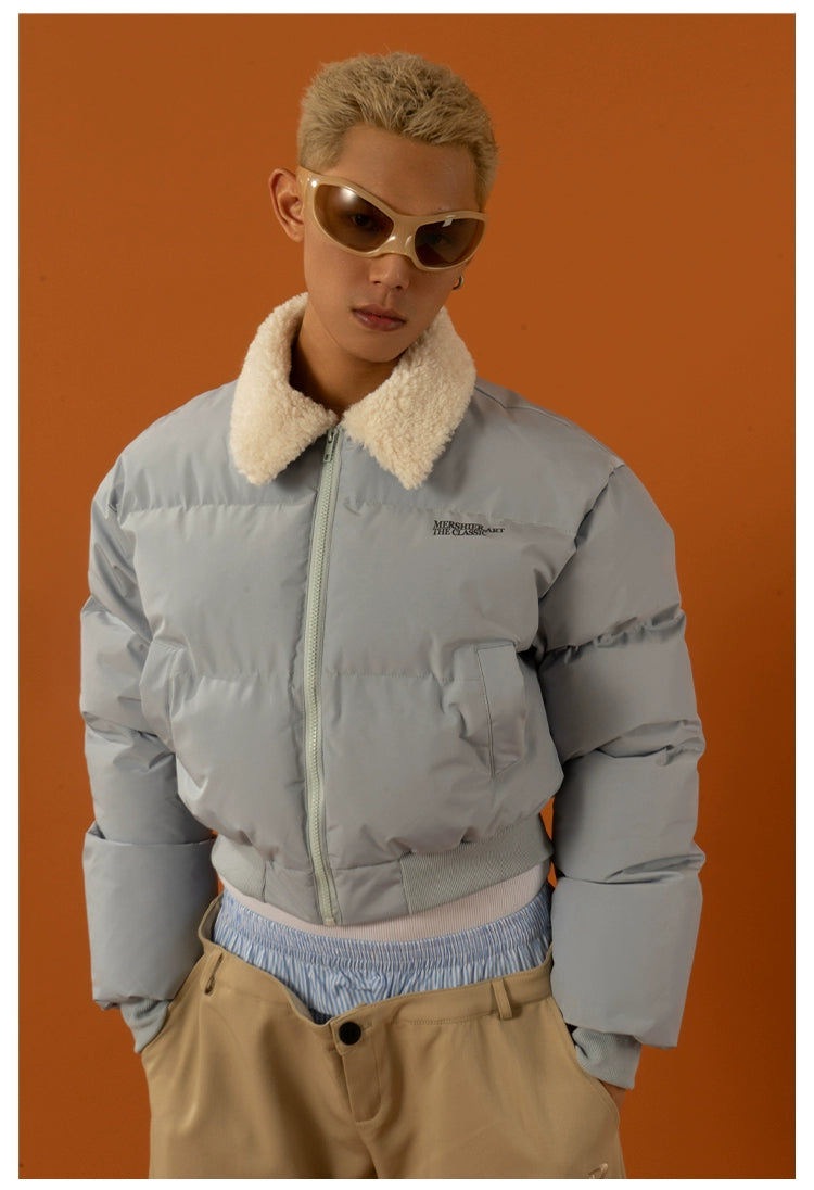 CLP Unisex Short Puffy Jacket with Sherpa Collar-Blue-S-Free Shipping Leatheretro