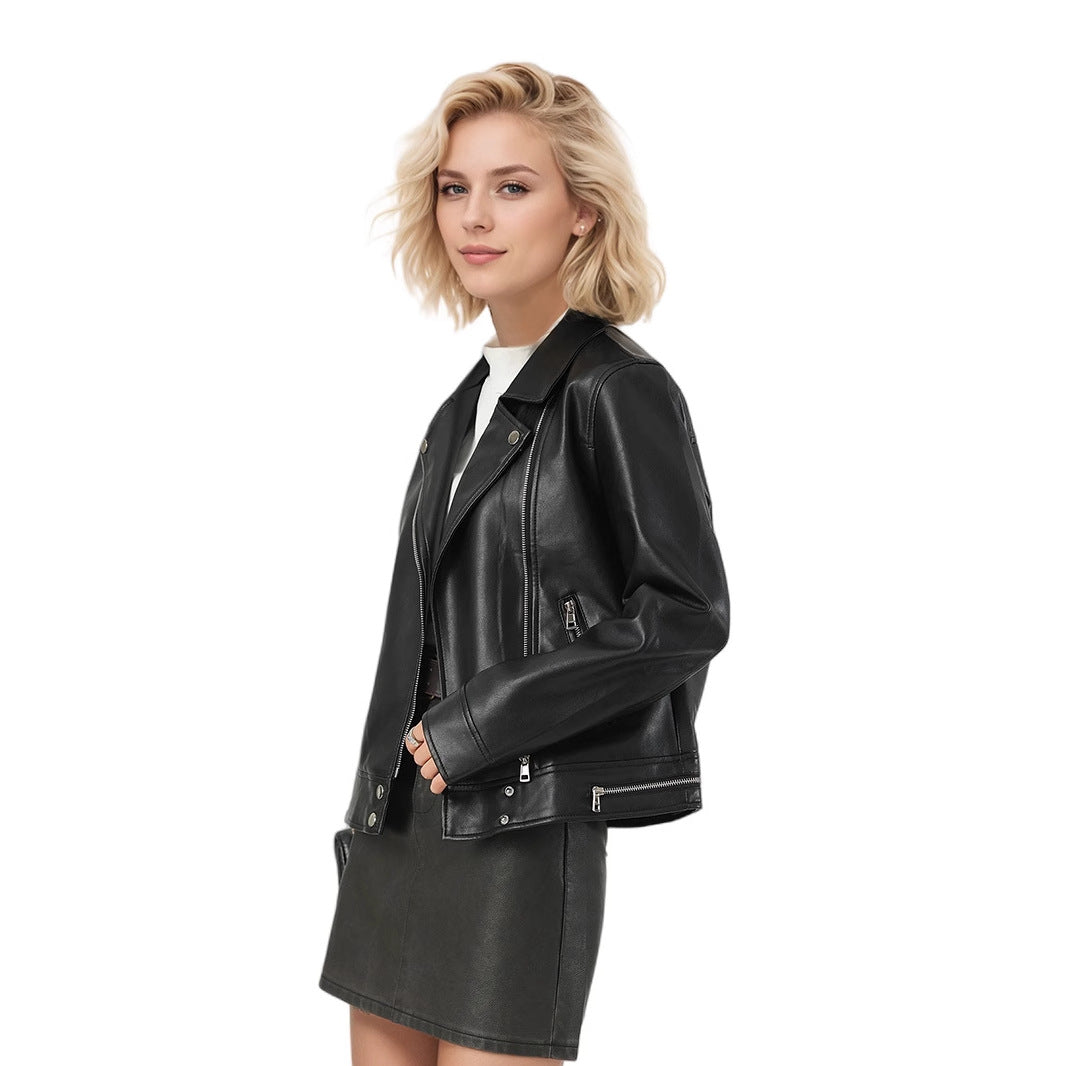 Women's Short Faux Leather Jacket-Black-S-Free Shipping Leatheretro