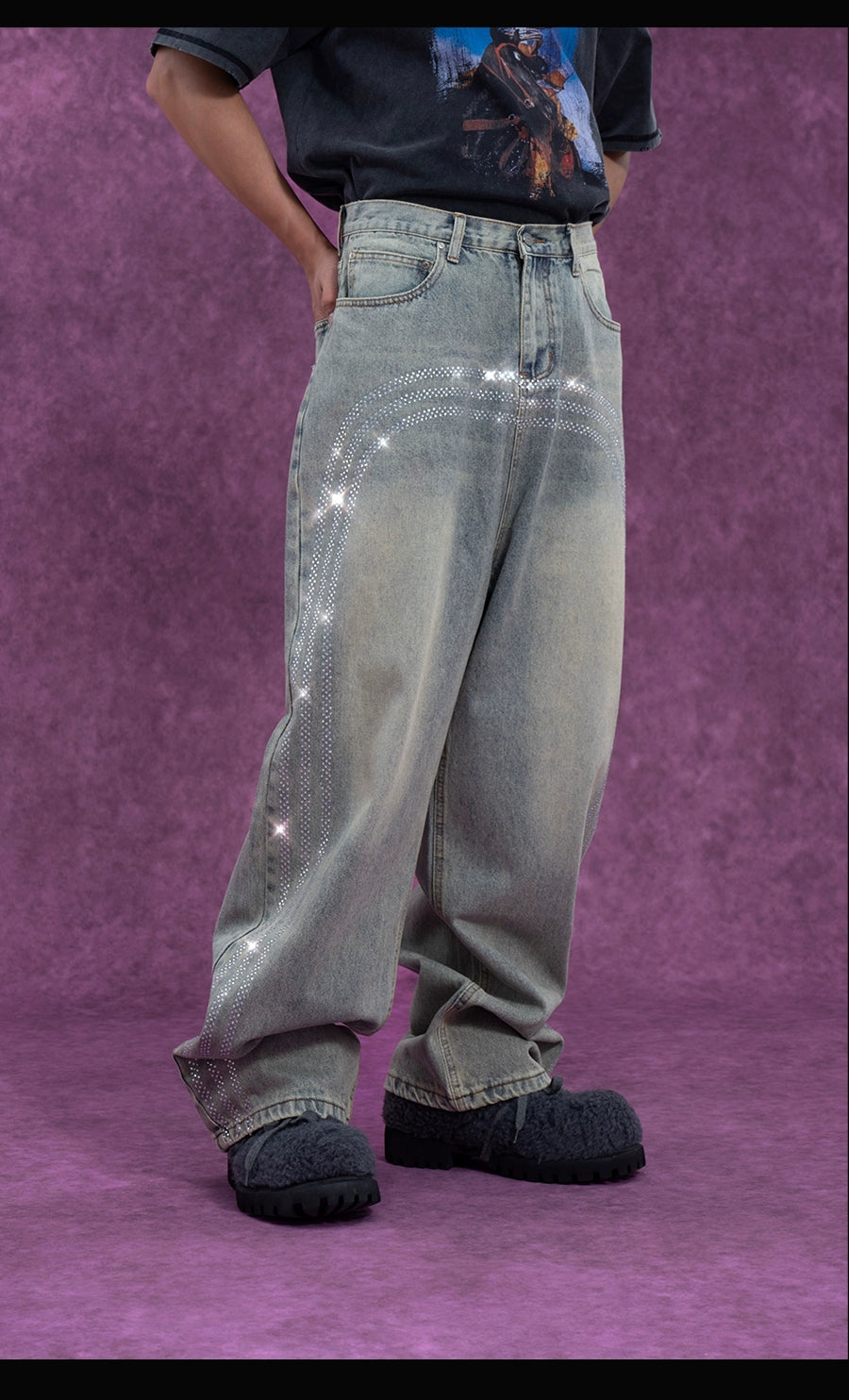 CLP Men's Retro Light Blue Curved Hem Jeans-Light Blue-S-Free Shipping Leatheretro