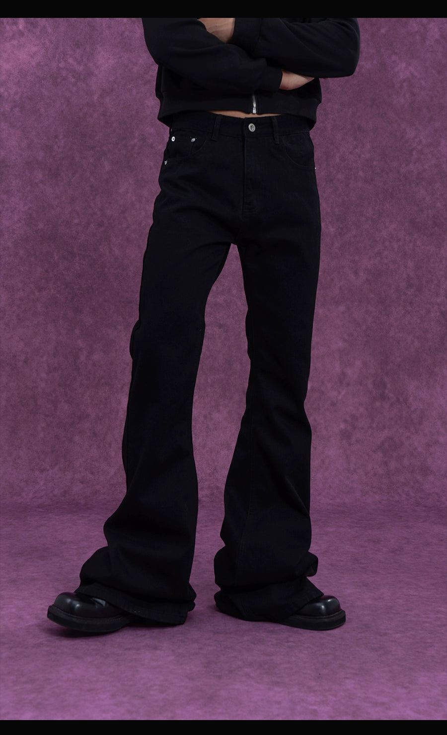 CLP Men's Extra Long Flared Denim Jeans-Black-S-Free Shipping Leatheretro