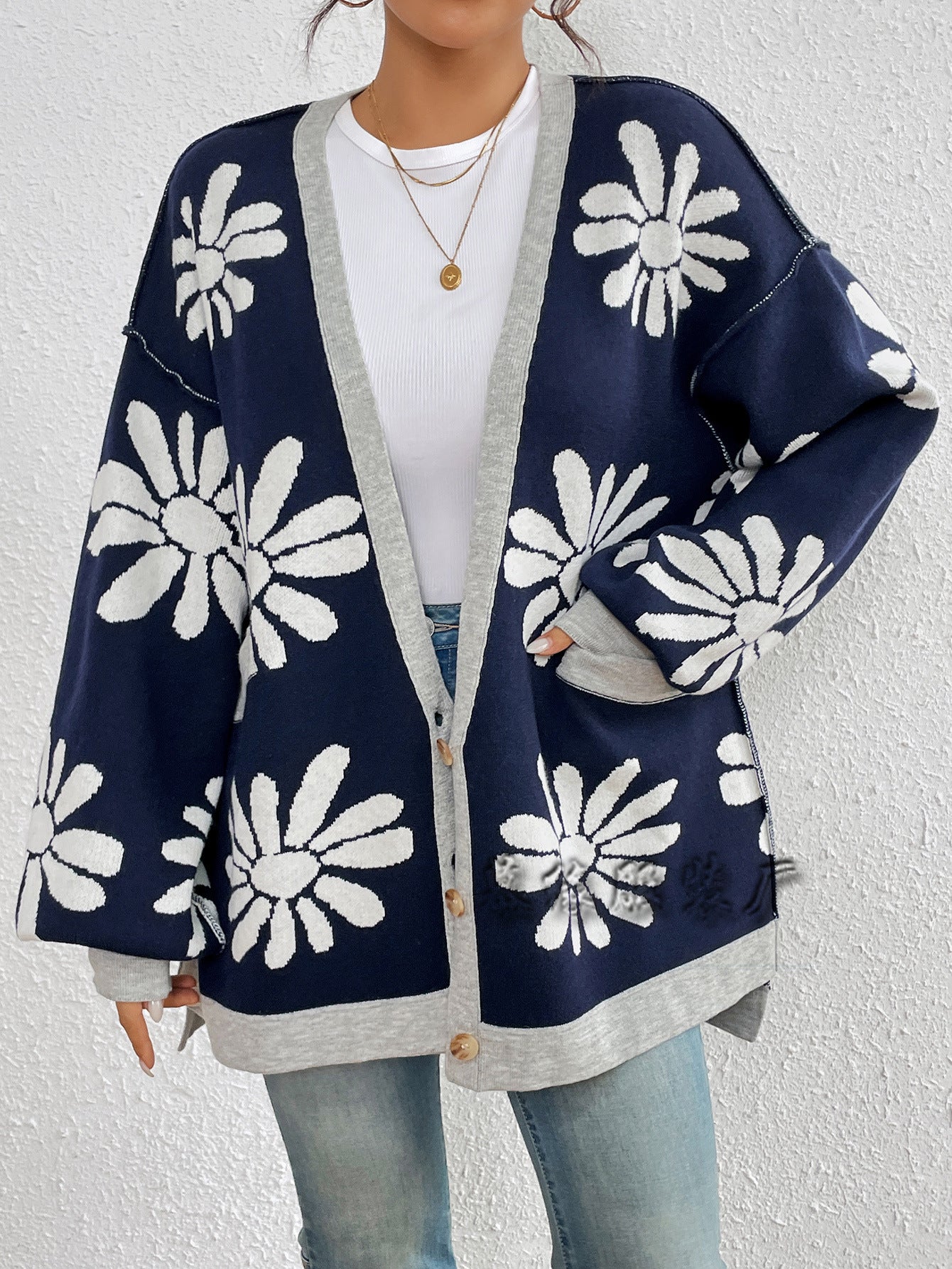 Casual Floral Print Knitted Cardigan Coats-Sweaters-Navy Blue-S-Free Shipping Leatheretro