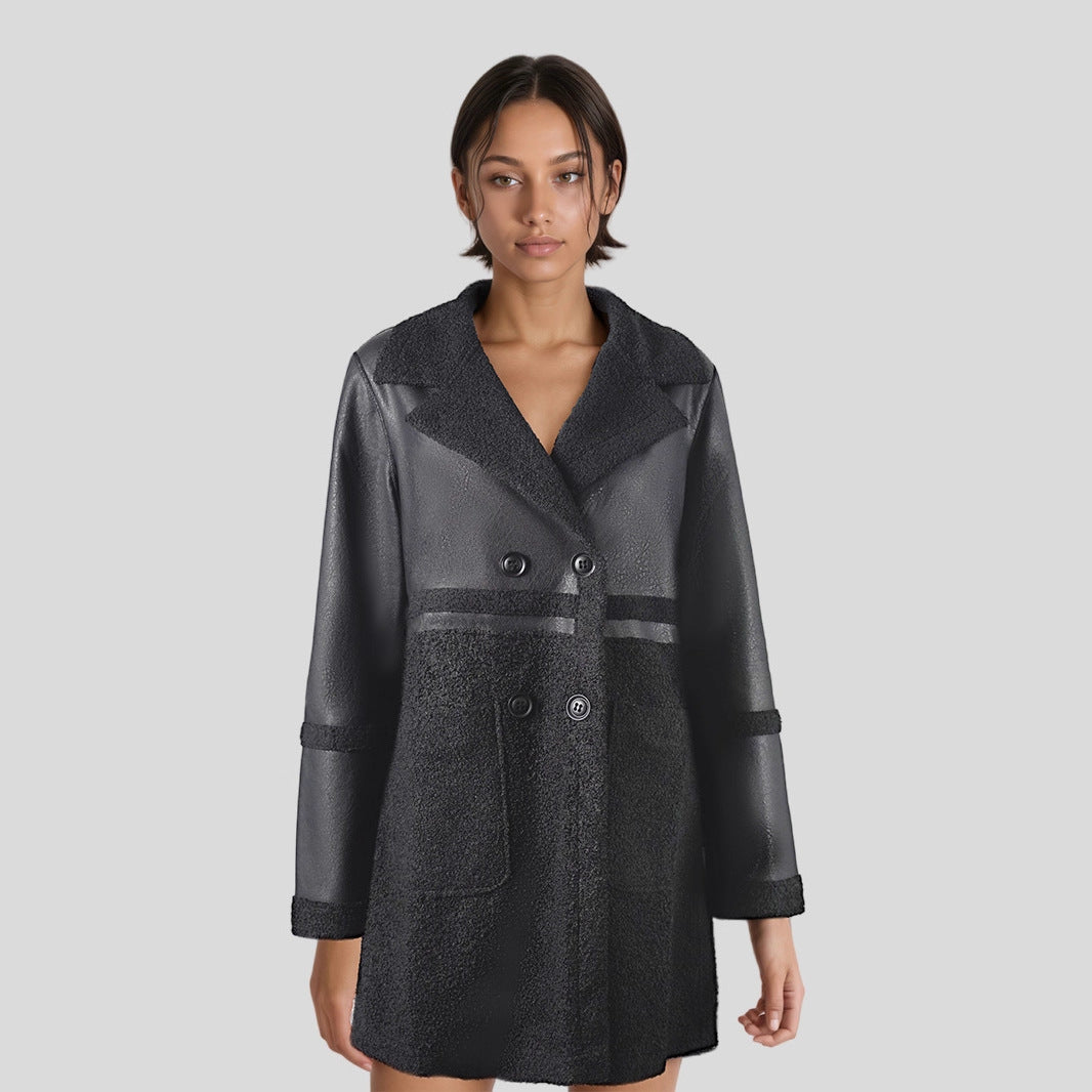 Women's Mid-Long PU Leather Jacket-Black-S 50-57kg-Free Shipping Leatheretro