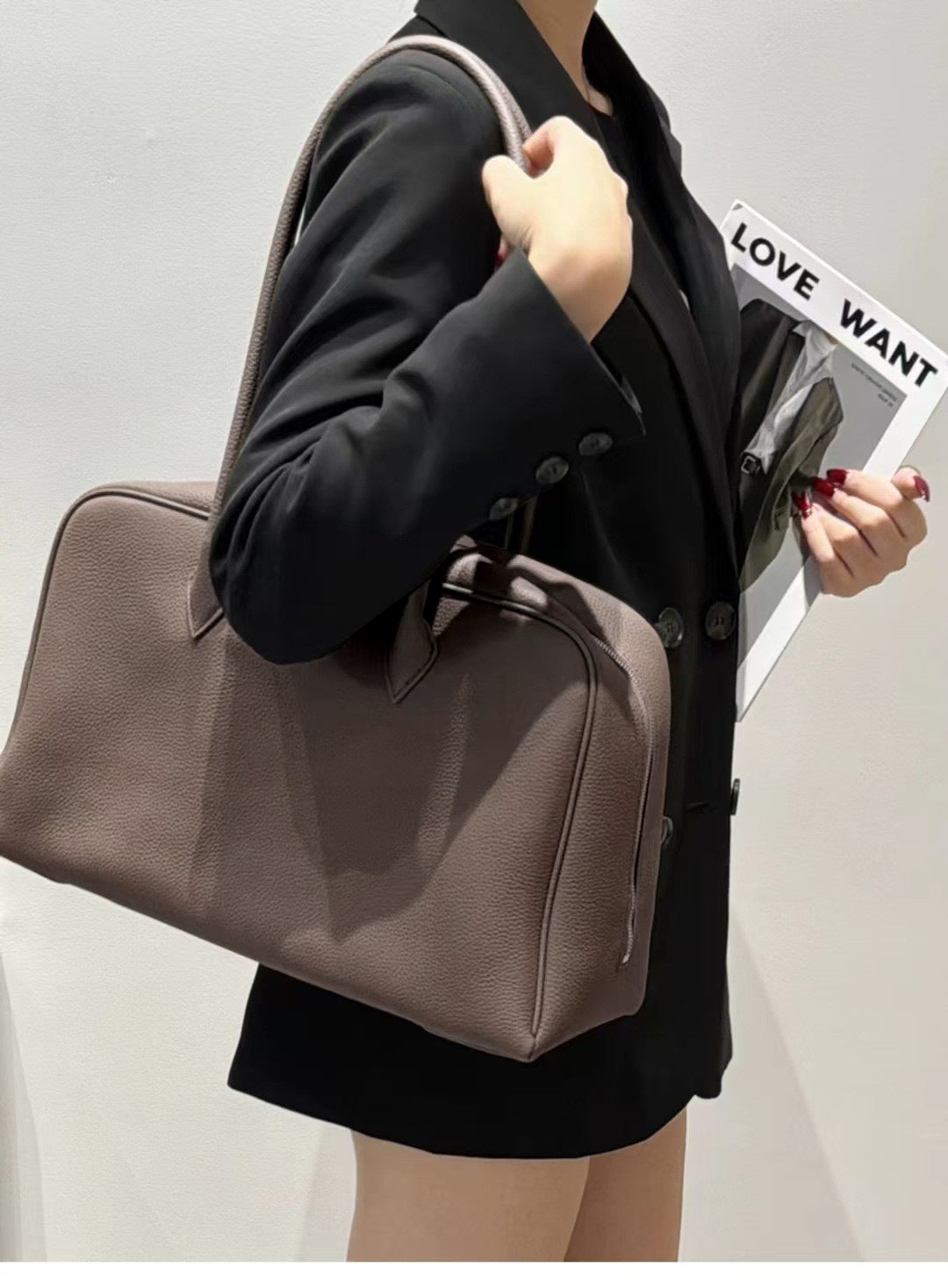 Genuine Top-Grain Togo Leather Pillow Bag-Handbags-Black-Big - 15.7*5*10.2 inches-Free Shipping Leatheretro