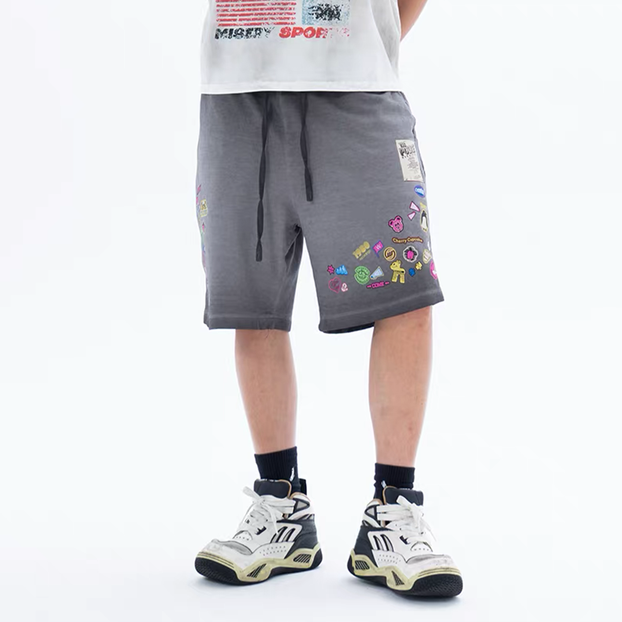 CLP Retro Gradient Badge Graphic Drawstring Shorts-Shorts-M / 27"-Free Shipping Leatheretro