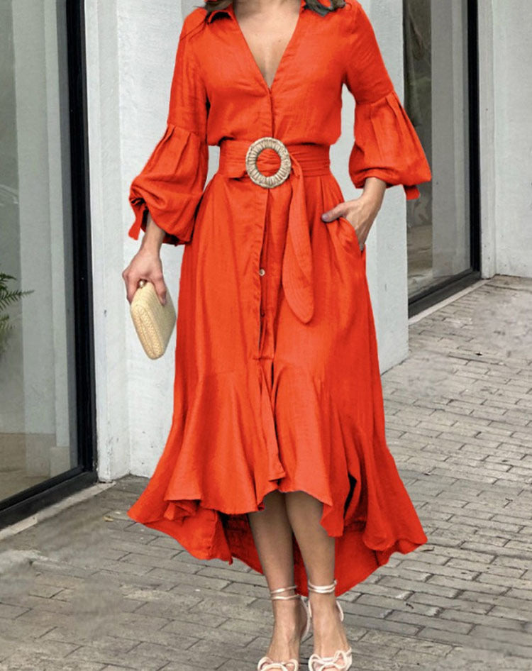Fashion Long Sleeves Dresses with Pocket-Dresses-Orange-S-Free Shipping Leatheretro