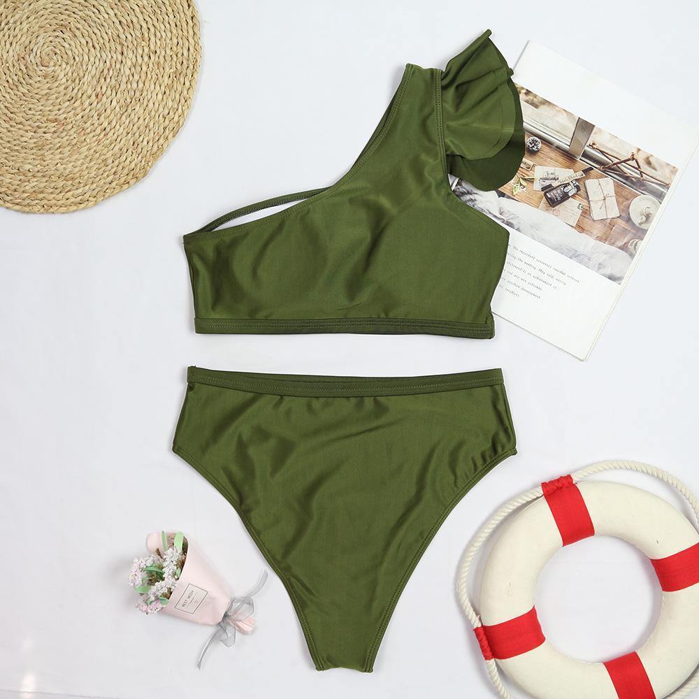 Army Green High Waist Ruffled Bikini-Women Bikini-Army Green-S-Free Shipping Leatheretro