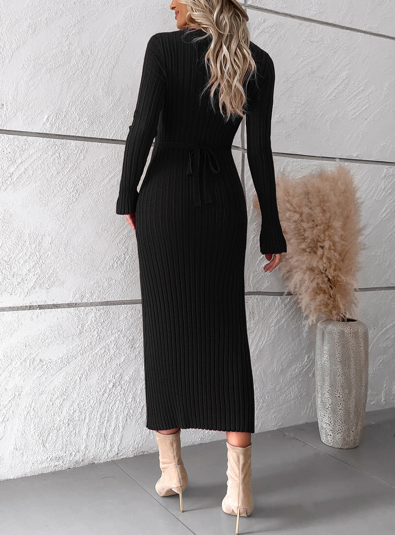 Elegant V Neck Long Sleeves Knitted Dresses-Dresses-White-S-Free Shipping Leatheretro