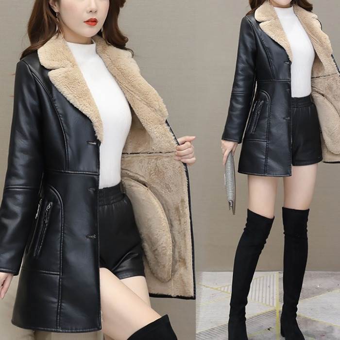 Women's PU Leather Jacket-Khaki-L-Free Shipping Leatheretro