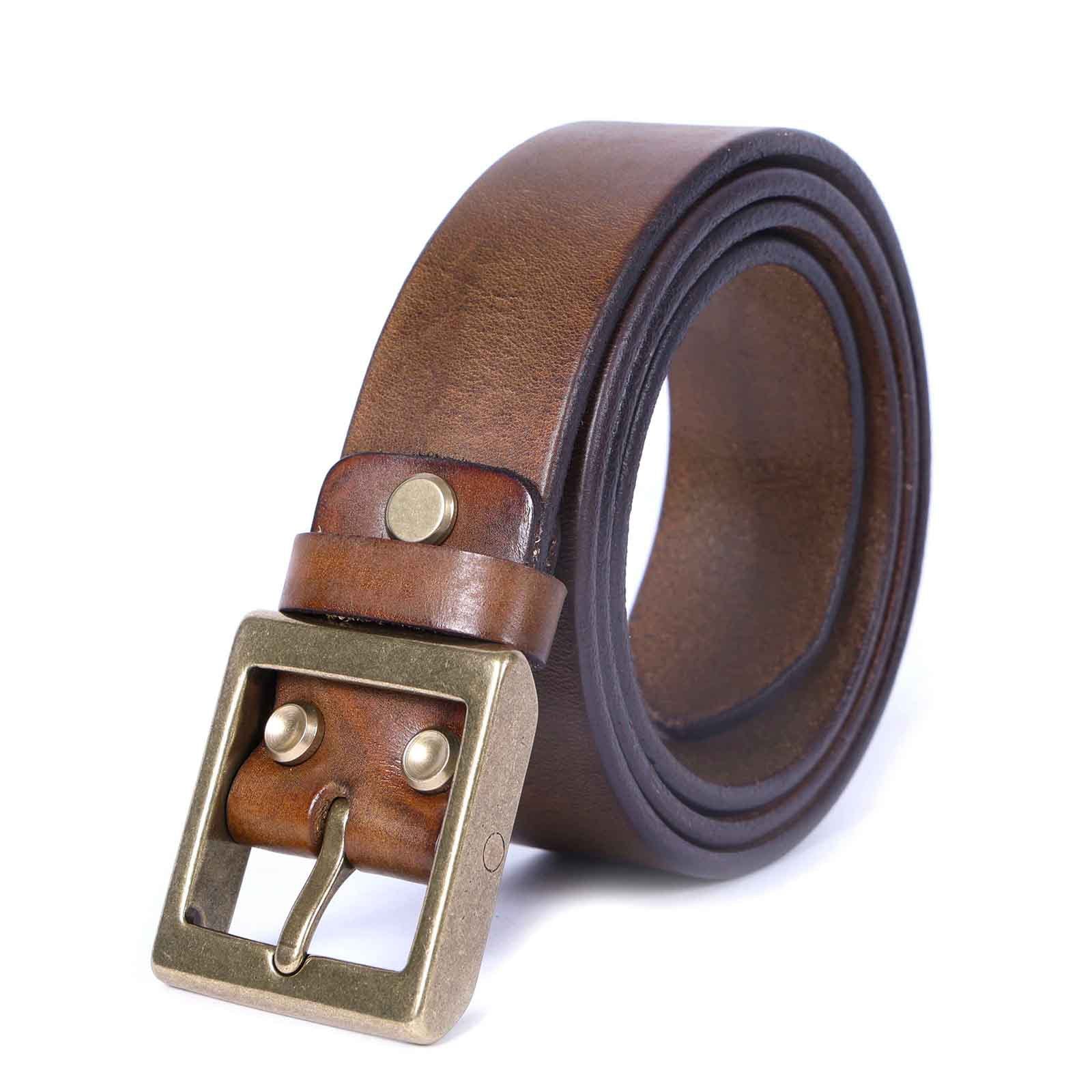 Vintage Men's Genuine Leather Belt Handmade Needle Buckle with Pure Copper Buckle Belt-Leather Belt-Dark Coffee-105cm-Free Shipping Leatheretro