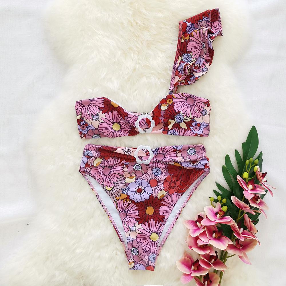 One Shoulder Floral Print Beach Bikini-Women Swimwear-Flower-S-Free Shipping Leatheretro